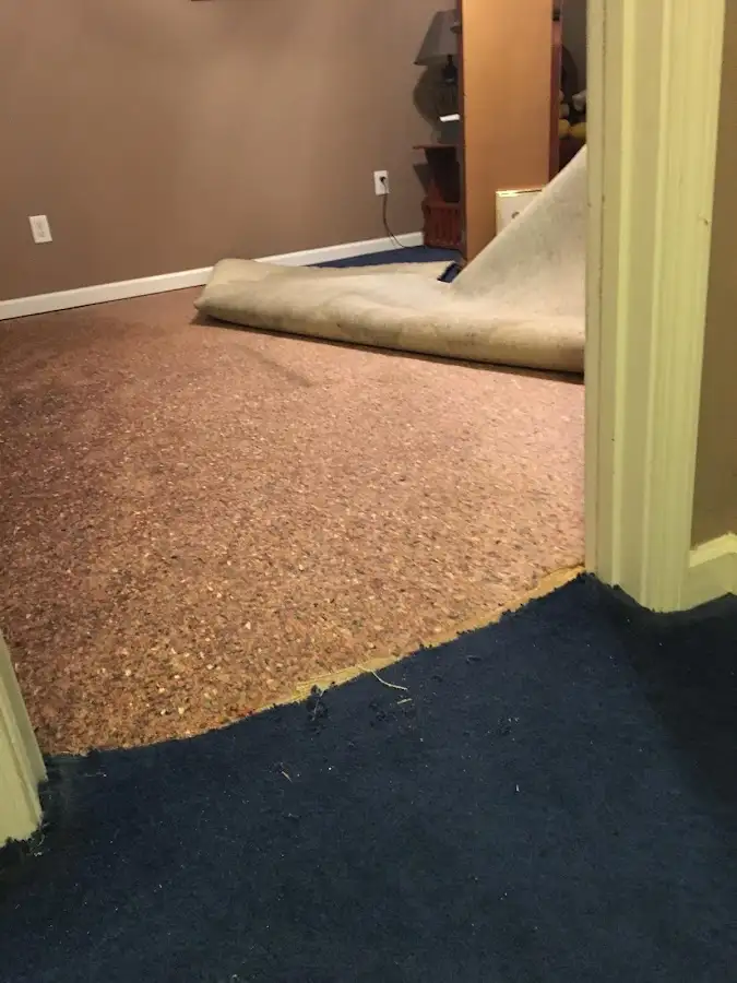 Carpet pad removal revealing water damage during Water Mitigation Services in Kailua